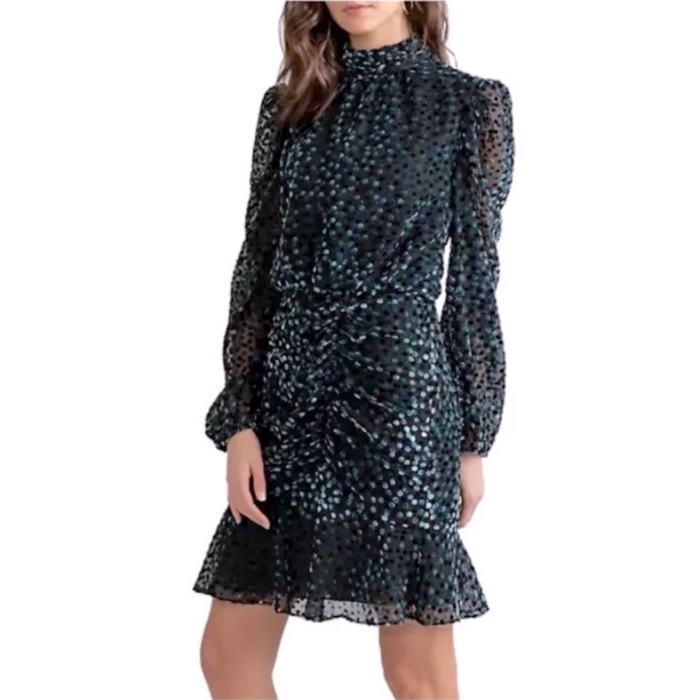 Shoshanna Cassia Velvet Burnout Ruched Front Mock Neck Dress Black Blue Size 12